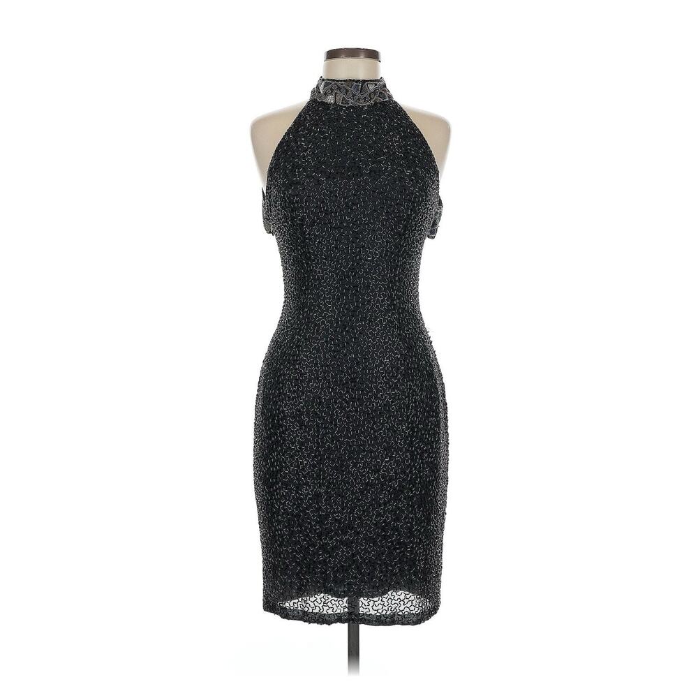 VTG Black Tie Oleg Cassini Black Sequin Silk Halter Beaded Mini Dress 6
